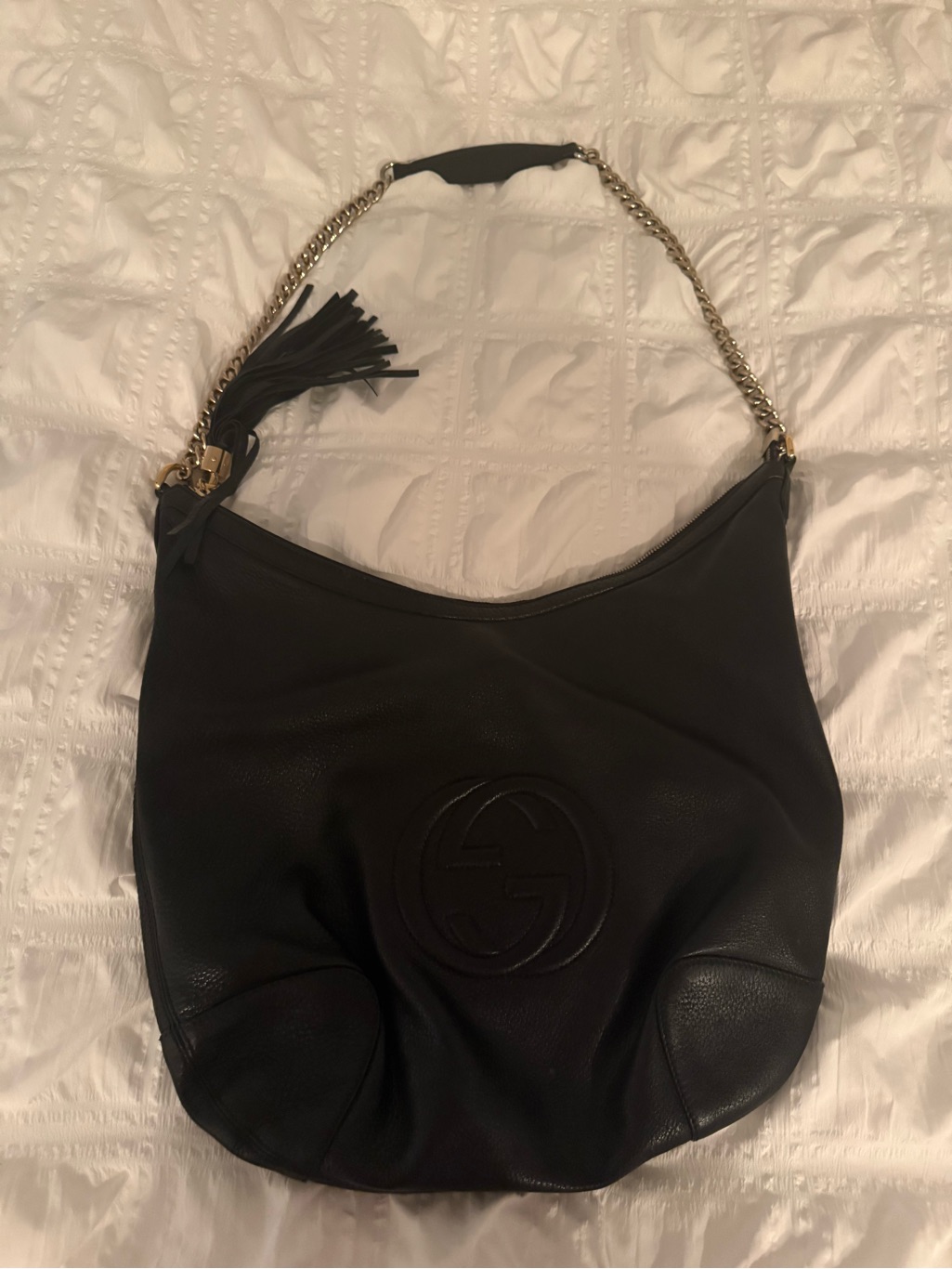 Gucci Black Pebbled Leather Hobo With Gold Chain And Tassel